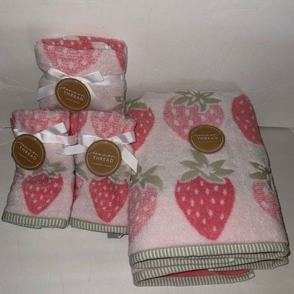 Common Thread 8 Piece Super Soft Bath Towel Set Pink Strawberry Pink White Green